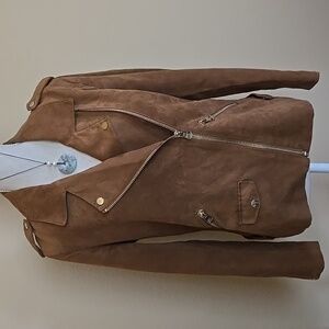 H&M Faux Suede Versatile Moto-Style Jacket with Gold-Brass Hardware EUC - 8